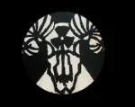 a depiction of a sheep skull and a radioactive logo