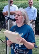 Beverly Bard of High Point speaks at a news conference