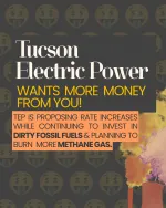 a flyer with image of a gas burning plant and money emojis in the background