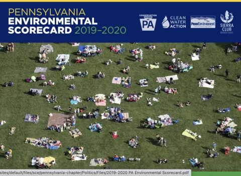 Pennsylvania Environmental Scorecard cover page with logos and image of people laying on towels on a lawn.