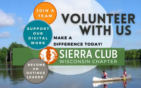 Volunteer With Us, background is picture of lake, blue skies, trees and two people canoeing