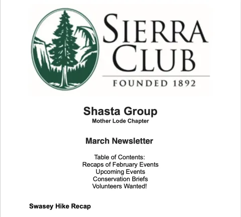 First page of Sierra Club Shasta Group March Newsletter