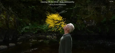 A man is blowing yellow flower petals into the air.