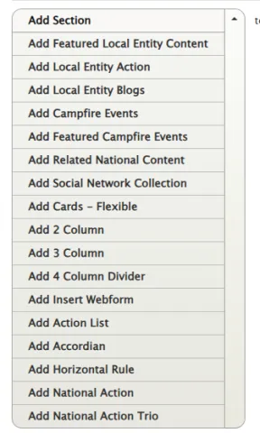 A drop down list of 18 sections