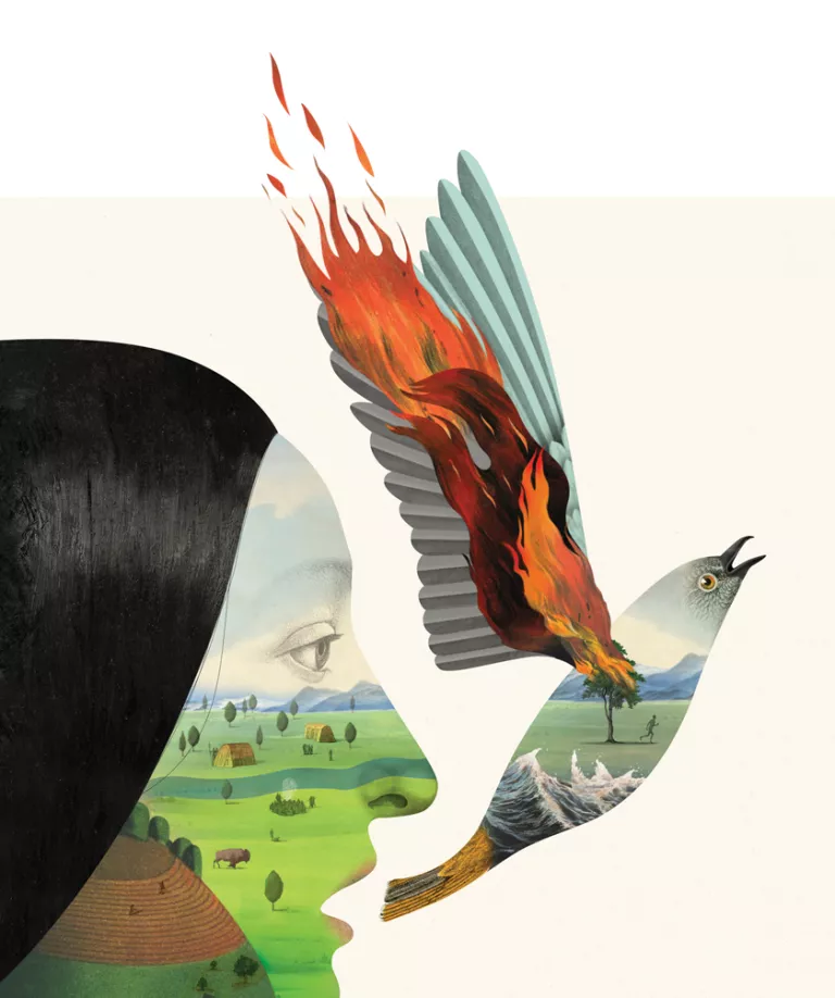 Illustration shows the profile of a woman's face with a green field, a bison, and trees on it. Through her open mouth, a bird flies out with its wings on fire.