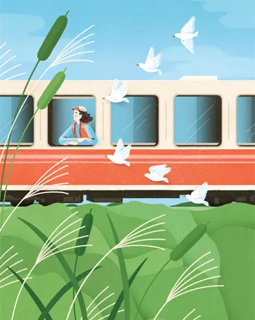 Illustration shows the side of a train and a woman hanging out a window, with birds in a v formation and plants in the foreground.