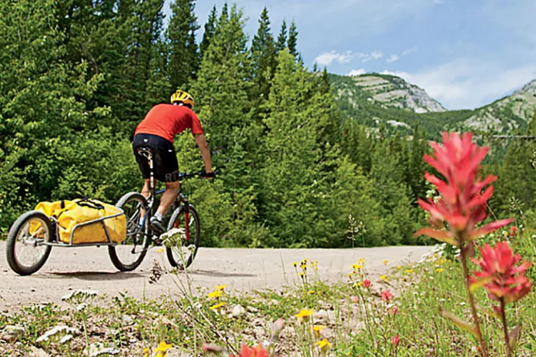 In an area with few hiking trails, a mountain bike and trailer are the way to go.