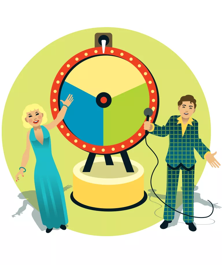 illustration of two people spinning a game show wheel