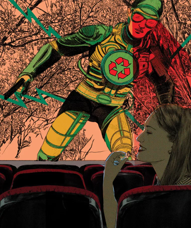 Illustration shows a movie screen with an action hero with a recycling symbol on his chest. A woman is in the seats laughing and looking to the side.