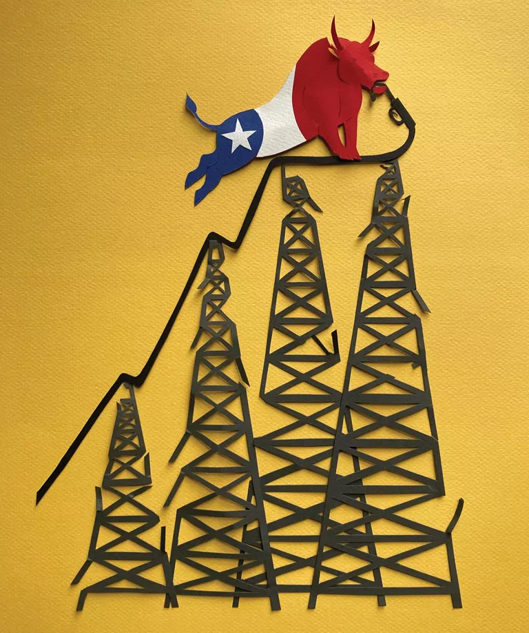 Illustration shows a bull painted with the Texas flag standing atop electrical towers holding what appears to be gasoline hose in its mouth.
