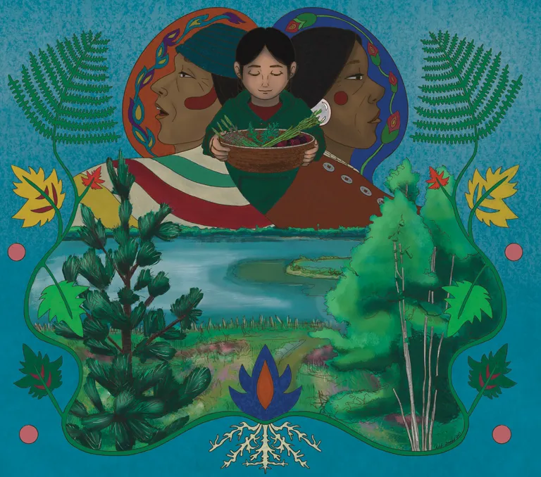 Native American girl in a purple sweater holds her hands out to a monarch butterfly.