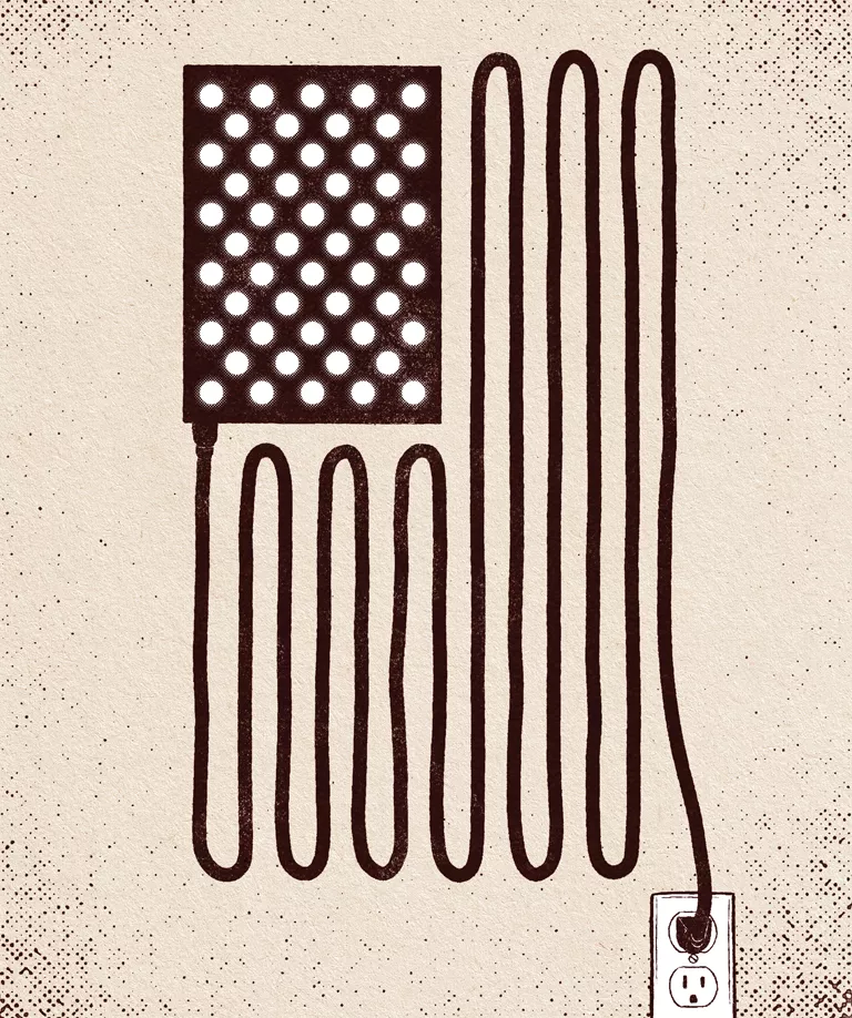 Illustration shows an American flag created from a board of lights (as stars) and a long plug (as stripes) plugged into an outlet.