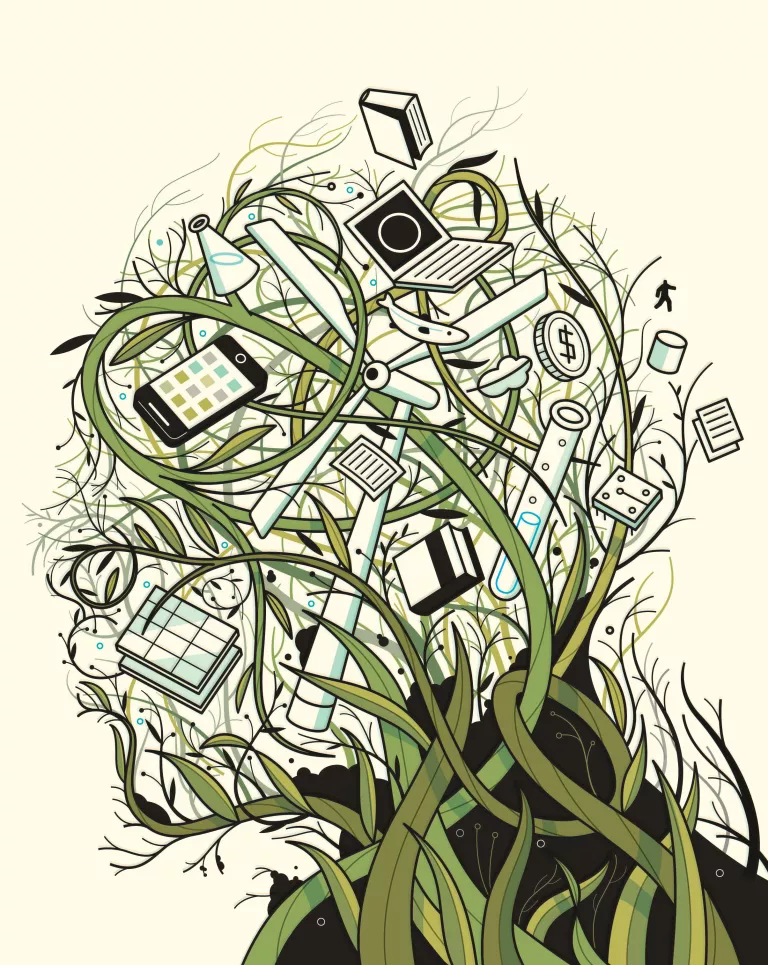 illustration of a human head with computers and green tendrils