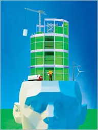 illustration of a man topped by a green building