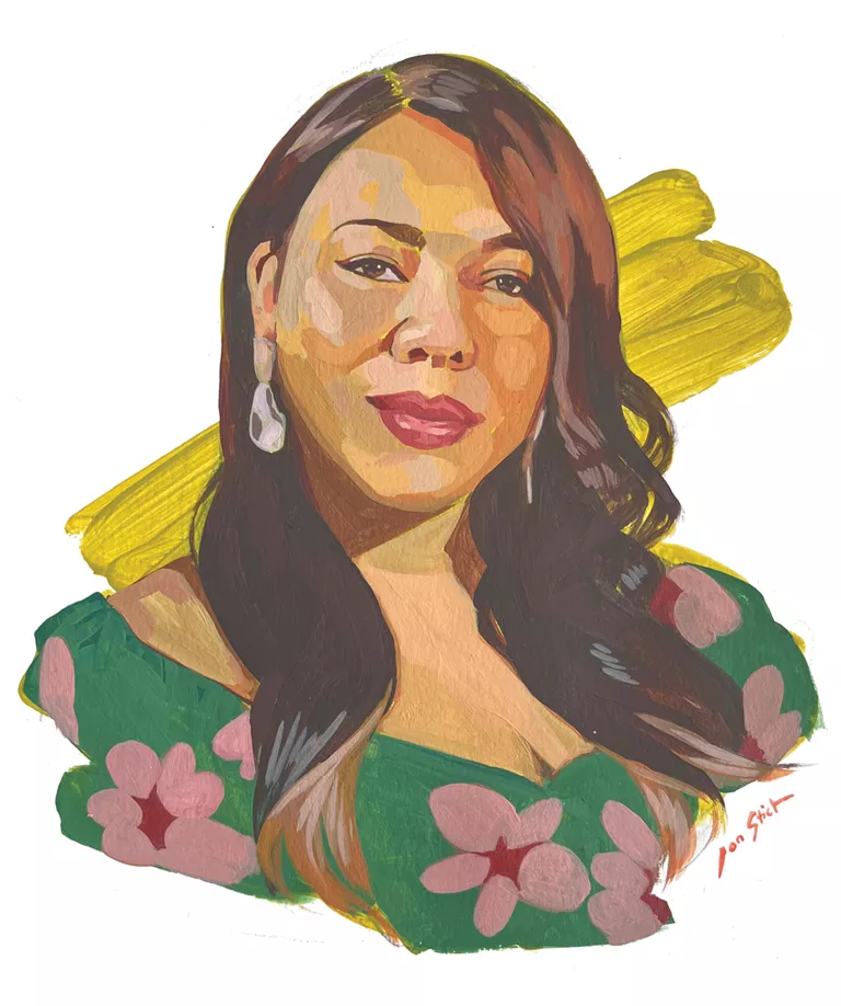 Portrait illustration of Agripina Gomez wearing a green floral top