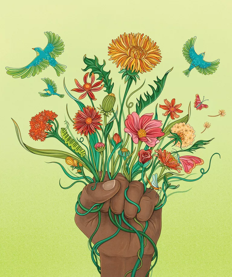 Flowers and insects and caterpillars grow up from a brown hand while two birds fly off