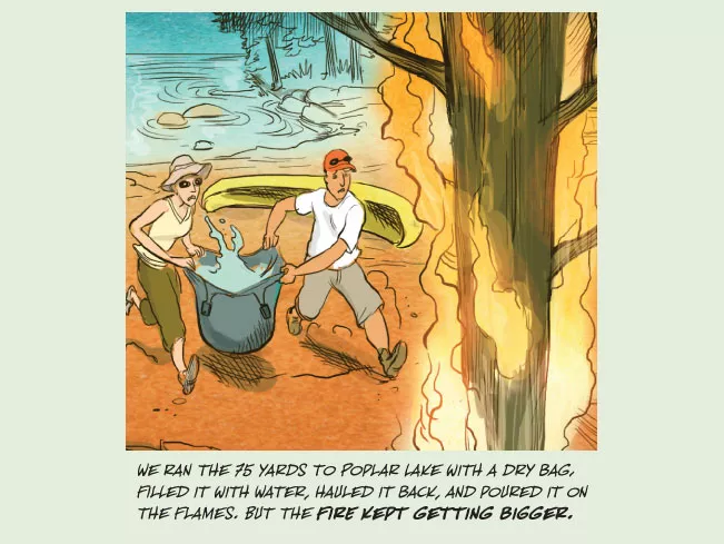Illustration of a couple with a bucket of water and a burning tree