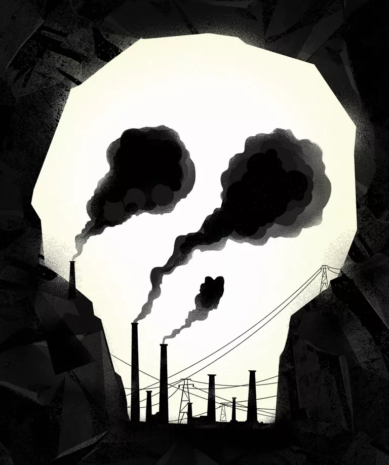 Illustration shows a skull shape formed from a coal mine with smoke forming its eyes and smokestacks forming its teeth.