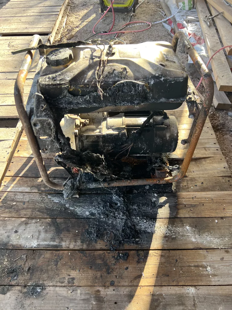 The charred remains of a home generator.