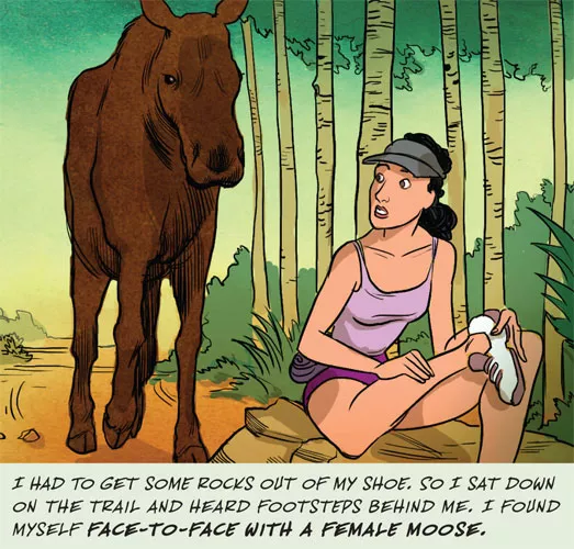 Illustation of a woman with a moose standing over her.