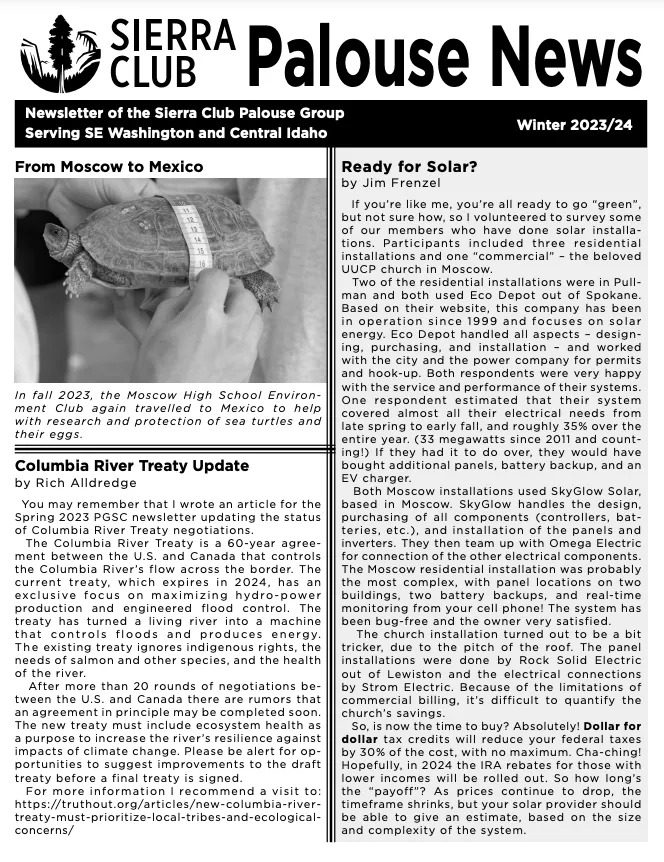 Screenshot of the first page of the Palouse Newsletter, black and white