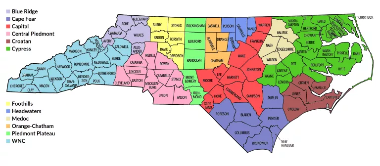 A map of local Sierra Club Groups in North Carolina, color-coded by counties represented