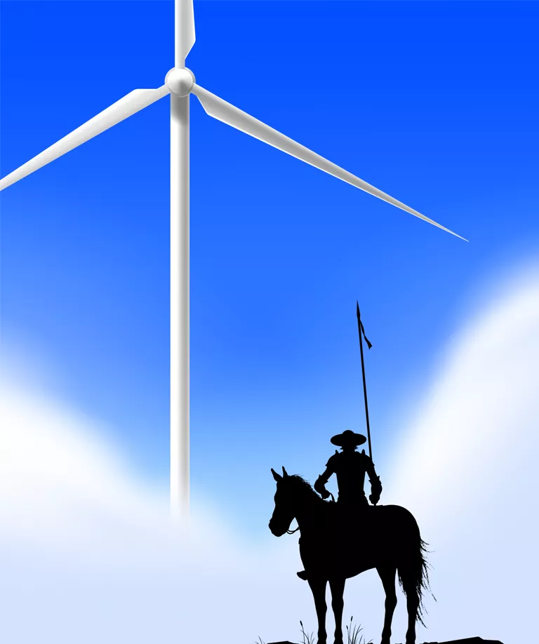illustration shows a wind turbine against a blue background and a man on a horse in silhouette
