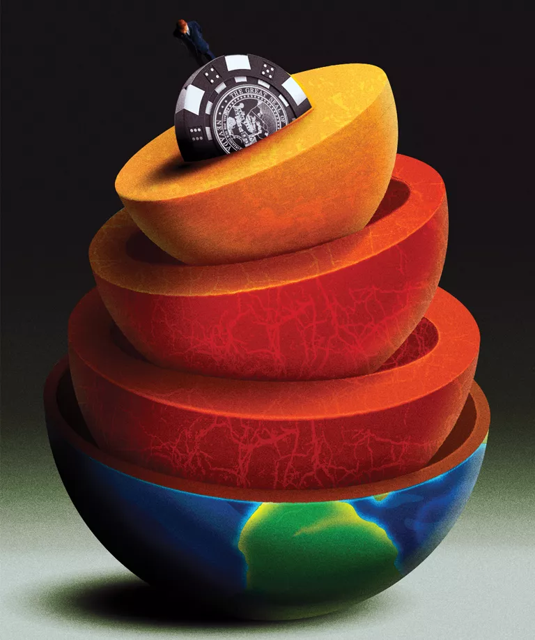 Illustration shows a burning center of Earth with a slot machine on the surface (called "777 Slot")