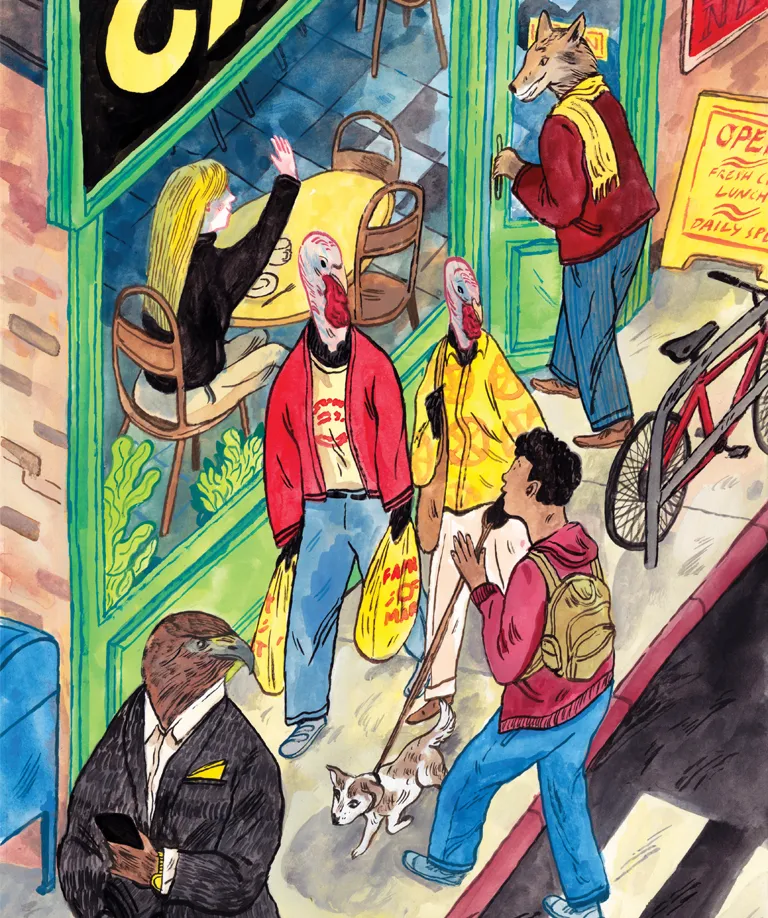 Colorful illustration shows animals dressed as humans interacting with people in a cafe and on the sidewalk.