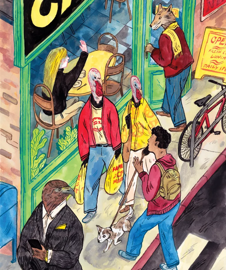 Colorful illustration shows animals dressed as humans interacting with people in a cafe and on the sidewalk.