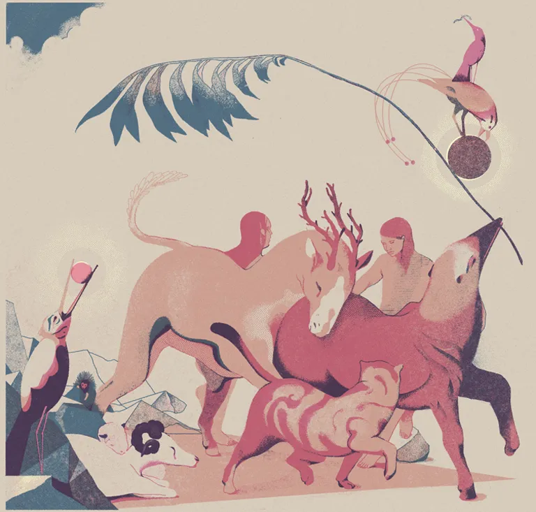 Illustration shows two people with several animals walking a path