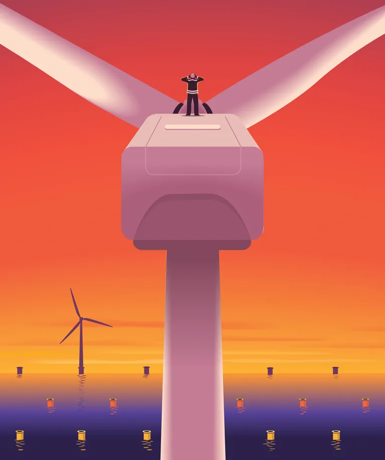 Illustration shows a person with their hands over their ears atop an offshore wind turbine, with an orange sky