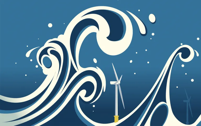 Illustration shows blue and white waves breaking over a wind turbine in the ocean