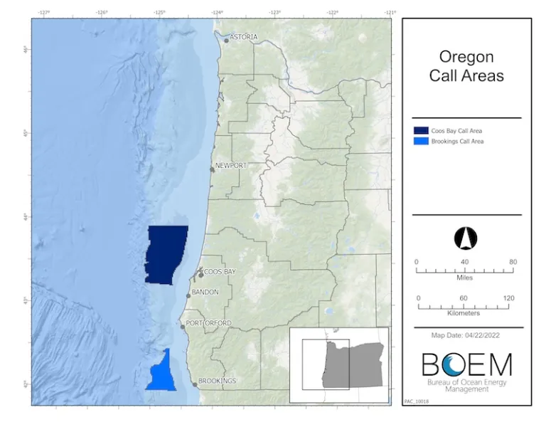 A map of offshore wind lease areas off the Southern Oregon coast.