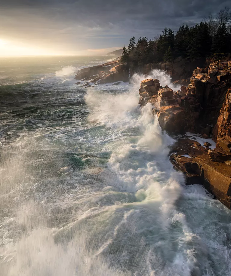Crashing surf hits a rocky shoreline at Acadia National Park