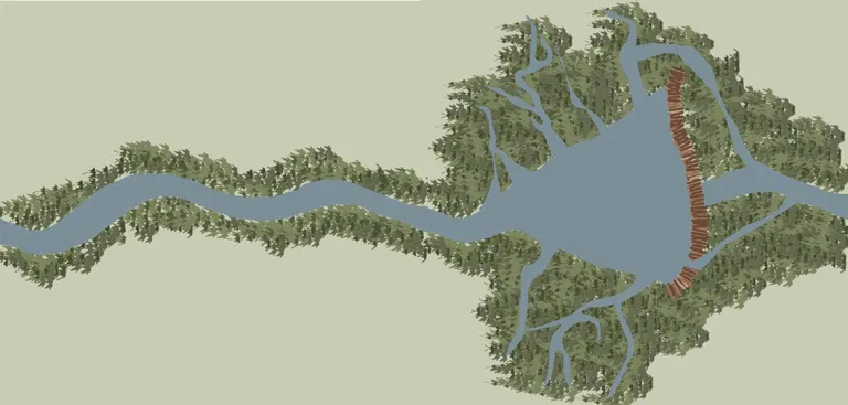 A drawing of a water system surrounded by green vegetation