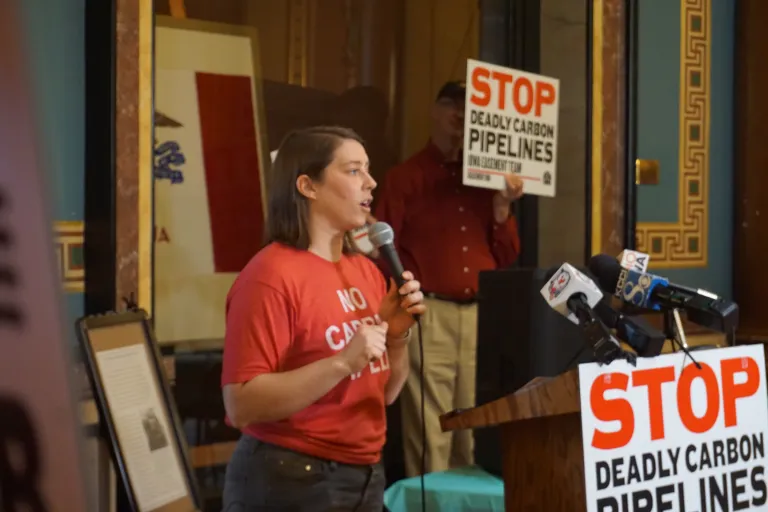 Jess Mazour speaking at pipeline rally, March, 2025