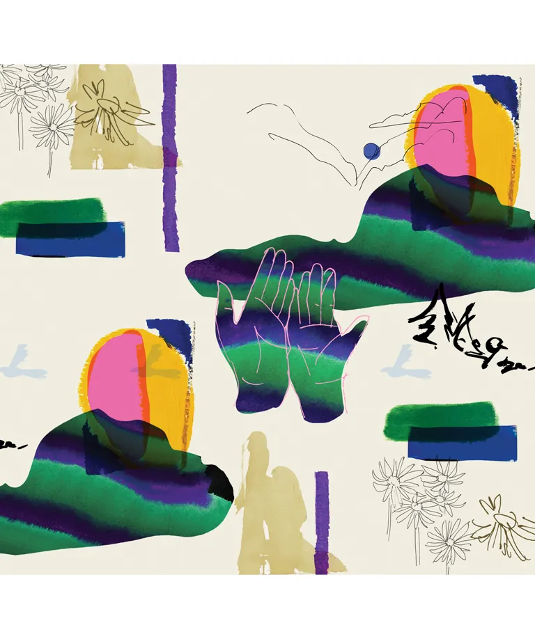 Illustration shows two hands in the air, flowers, birds, and abstract images