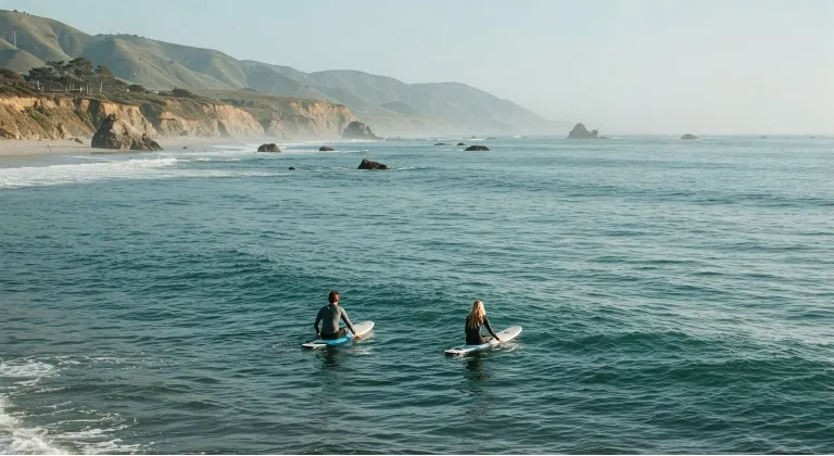 Two surf-boarders in the ocean, waiting to catch a wave