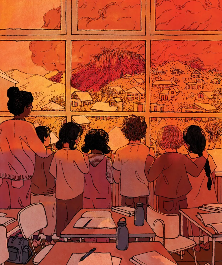 Bright-red illustration shows a teacher and six students looking out a classroom window at a wildfire burning across hills and homes. 