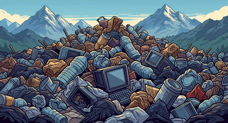 Heap of garbage with snow-capped mountains in the background