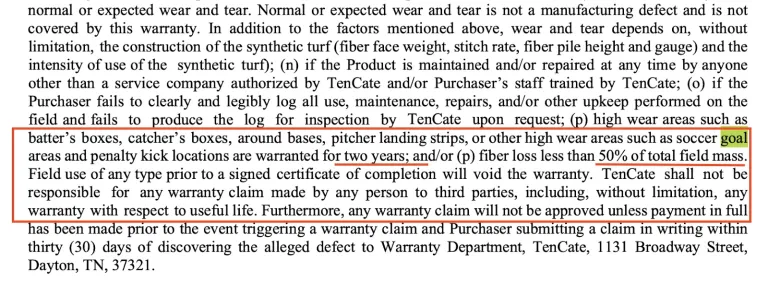 Screenshot of artificial turf warranty
