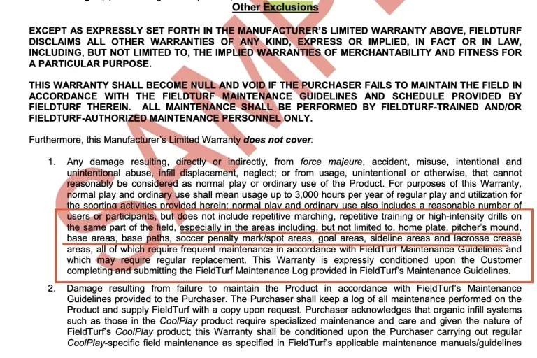 Screenshot of part of a warranty document