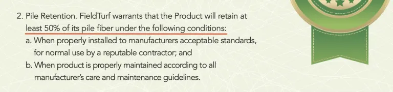 Screenshot of an artificial turf warranty