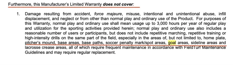 Screenshot of part of an artificial turf warranty