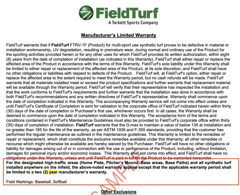 Screenshot of FieldTurf artificial turf warranty