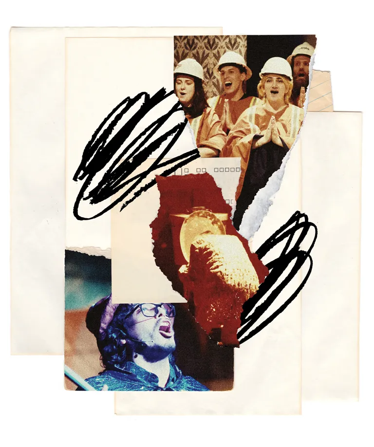 Photo-illustration shows four members of a choir wearing hard hats and two other actors in The Watershed Rock Opera.