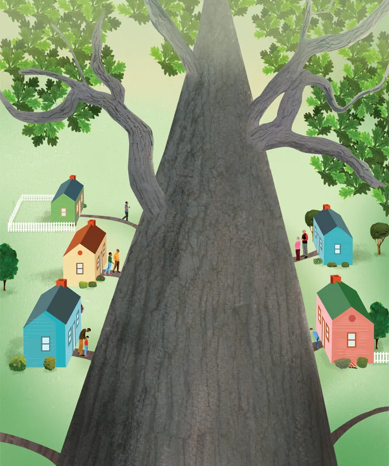Illustration shows a large oak tree with five houses and their residents atop its branches