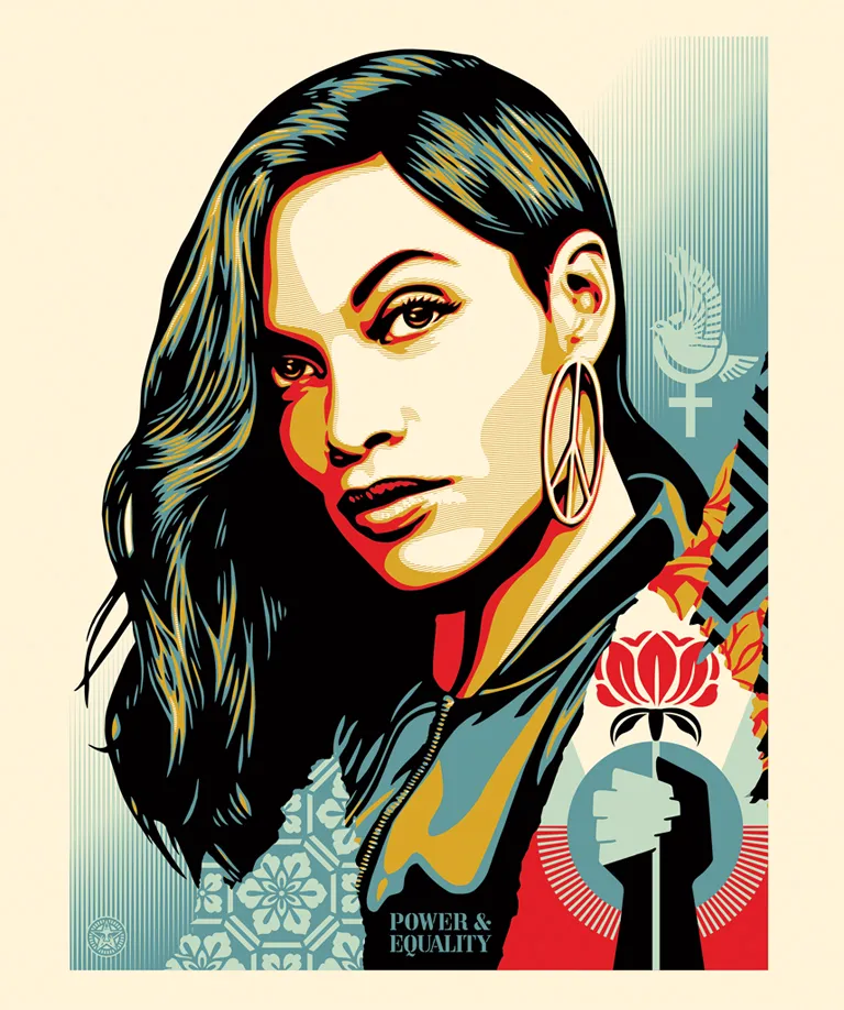 Illustration shows Rosario Dawson with long hair looking sideways at the camera. Her jacket says "Power & Equality."