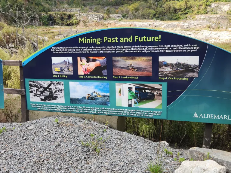 A sign outlines plans for the Kings Mountain lithium mine. 